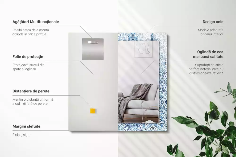 Négyszögletes díszes tükör Kék dekoratív csempe