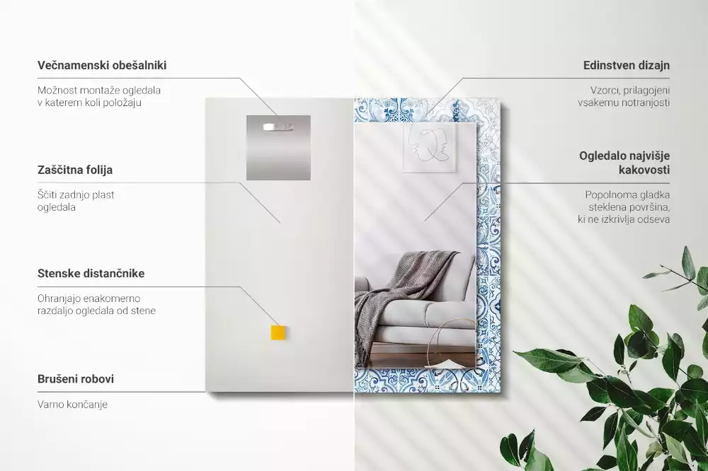 Négyszögletes díszes tükör Kék dekoratív csempe