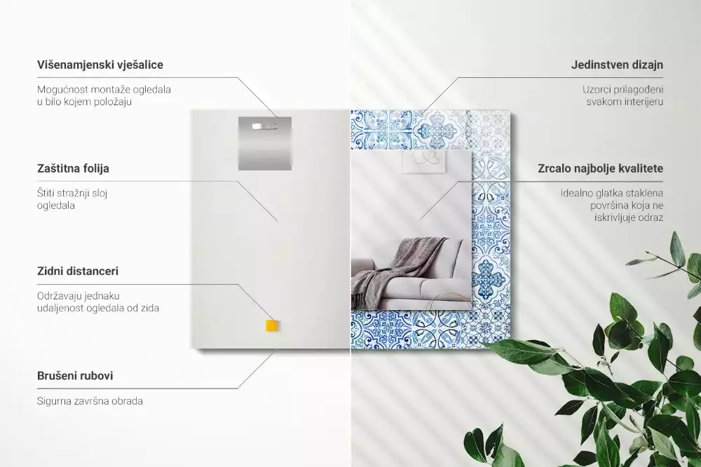 Négyszögletes díszes tükör Kék dekoratív csempe