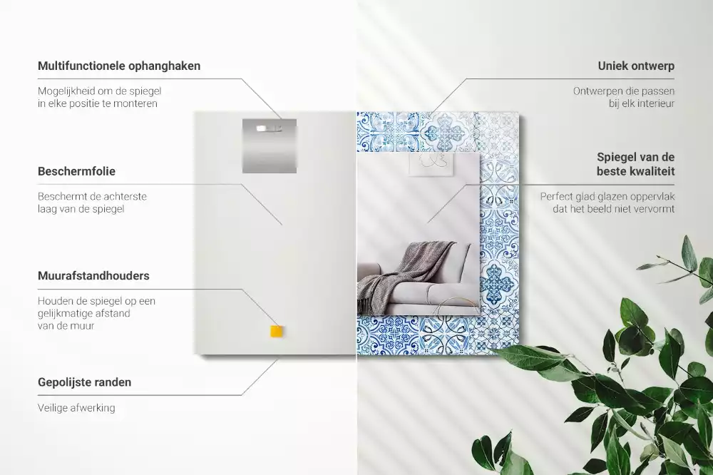 Négyszögletes díszes tükör Kék dekoratív csempe