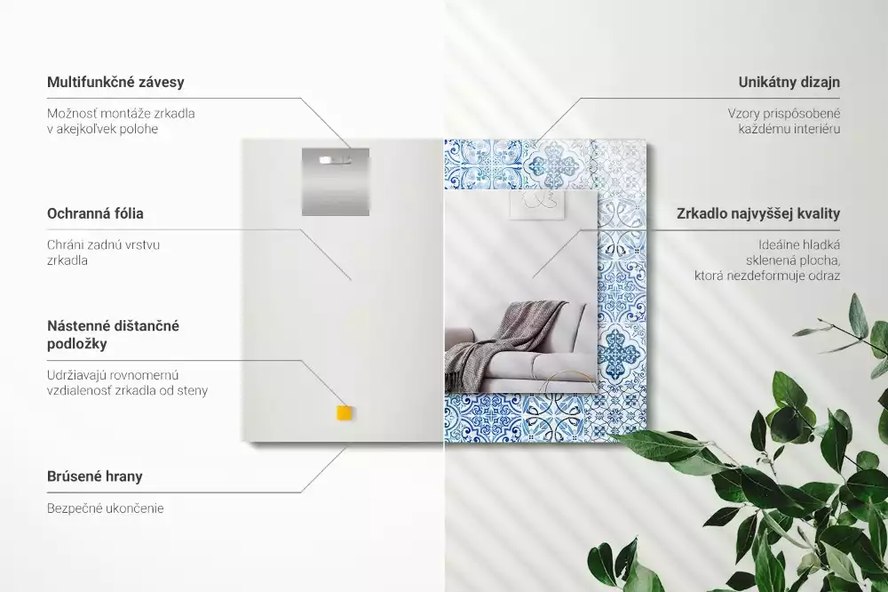 Négyszögletes díszes tükör Kék dekoratív csempe