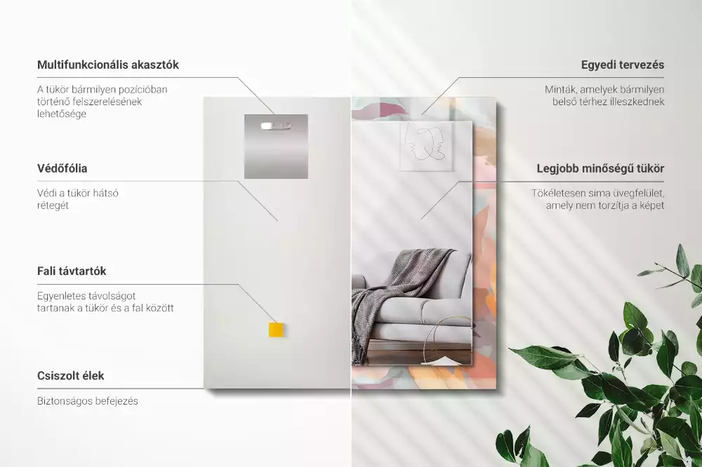 Négyszögletes díszes tükör Virágok levelei pasztell