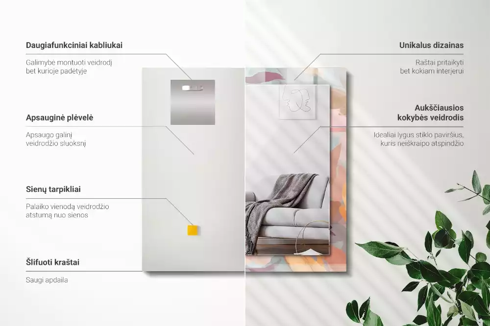 Négyszögletes díszes tükör Virágok levelei pasztell