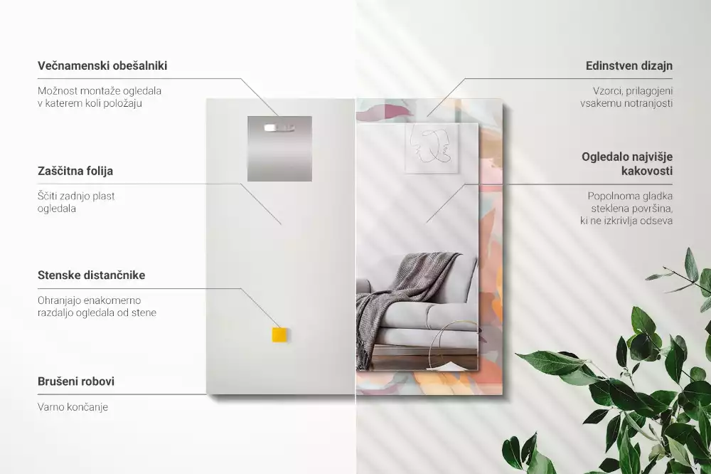 Négyszögletes díszes tükör Virágok levelei pasztell