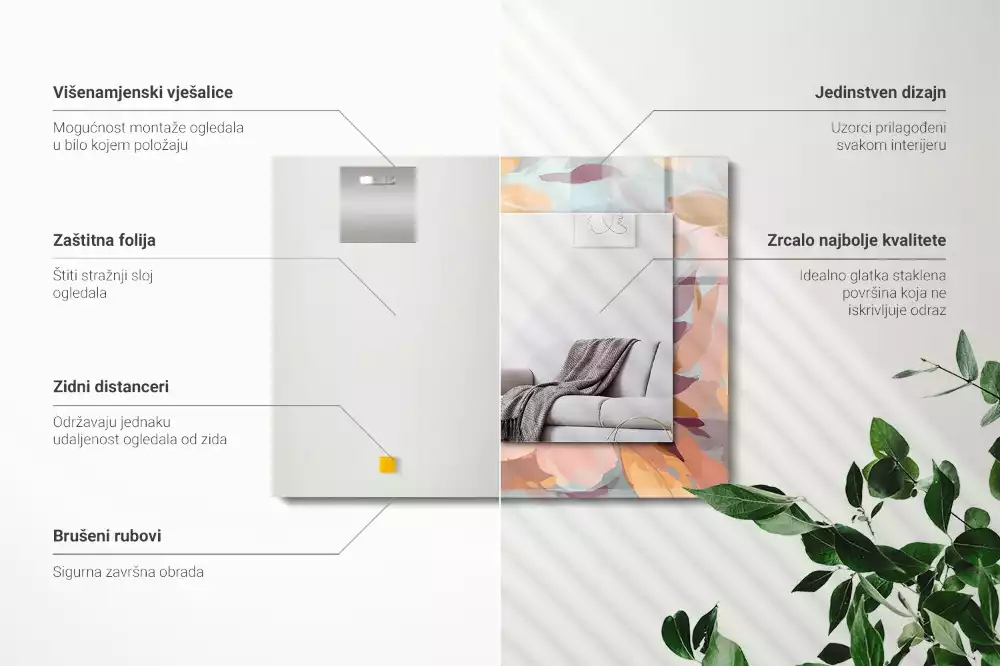 Négyszögletes díszes tükör Virágok levelei pasztell