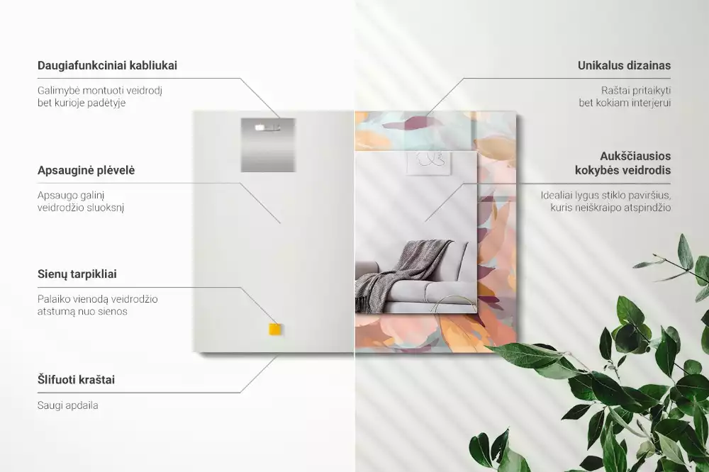 Négyszögletes díszes tükör Virágok levelei pasztell