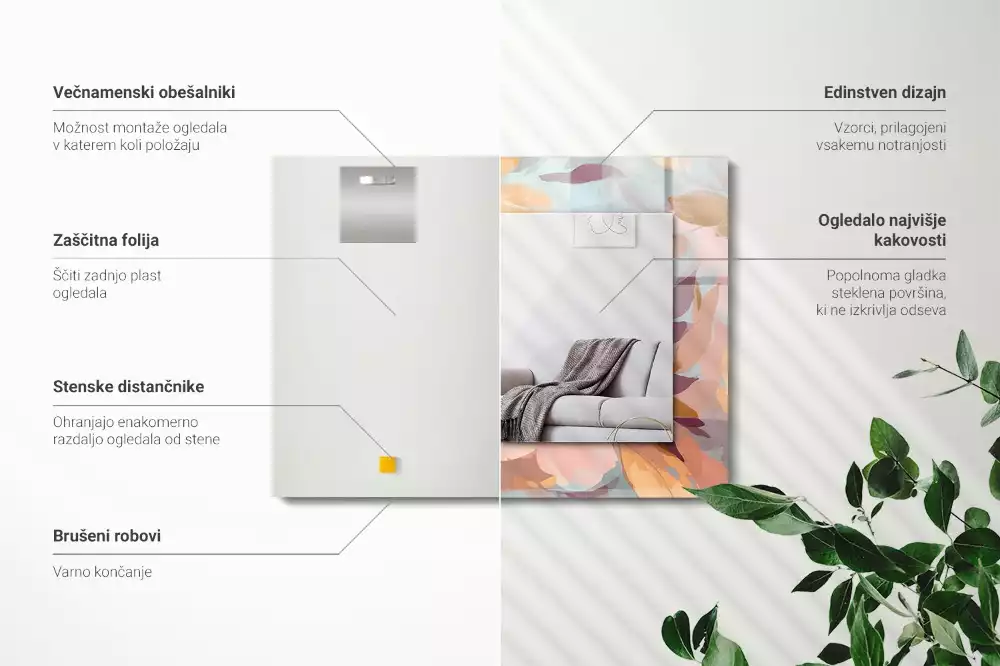 Négyszögletes díszes tükör Virágok levelei pasztell