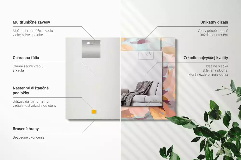 Négyszögletes díszes tükör Virágok levelei pasztell