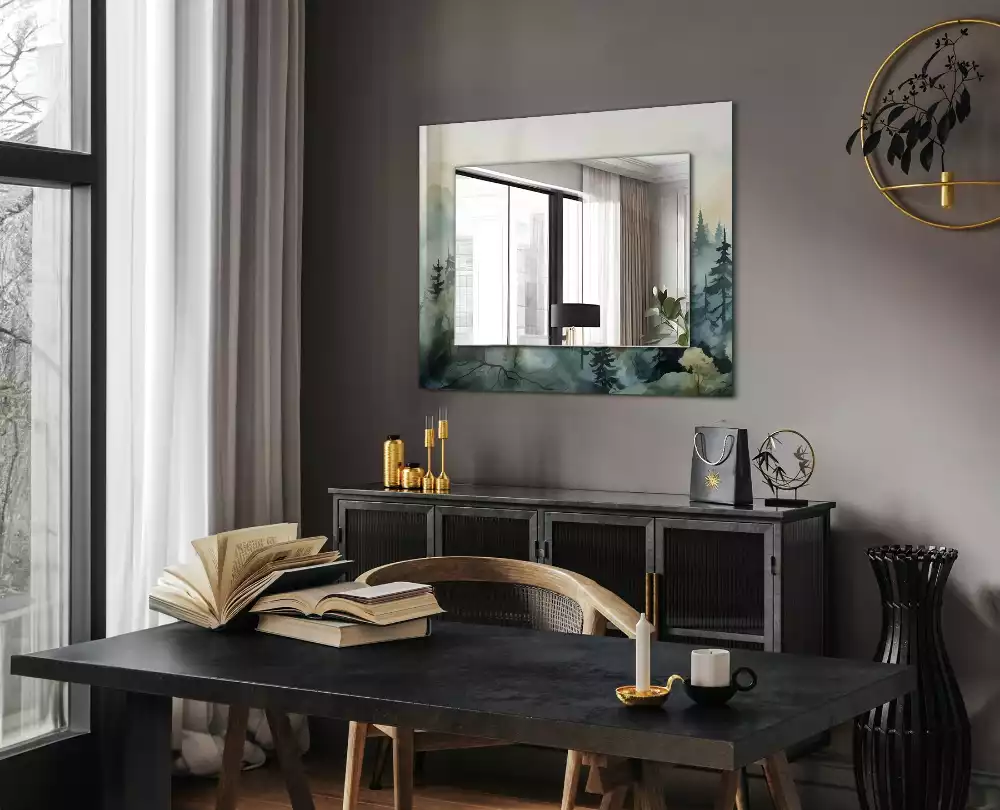 Négyszögletes díszes tükör Erdő a ködben