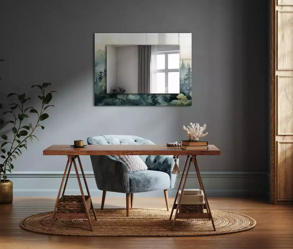 Négyszögletes díszes tükör Erdő a ködben