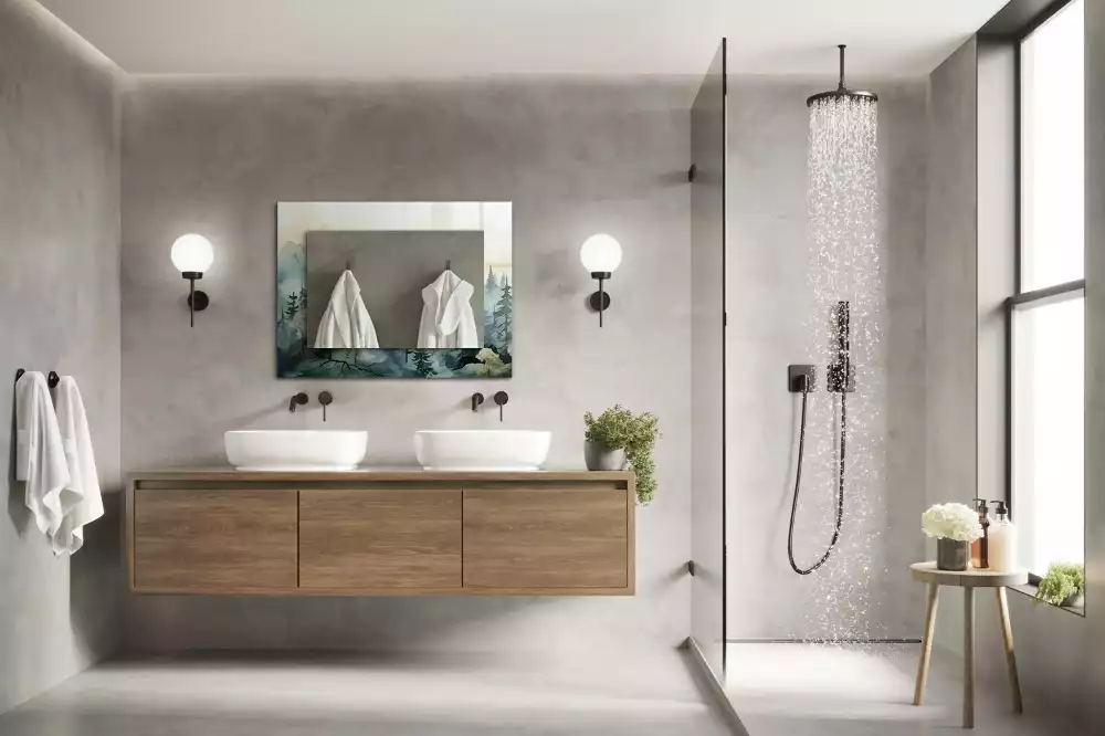 Négyszögletes díszes tükör Erdő a ködben