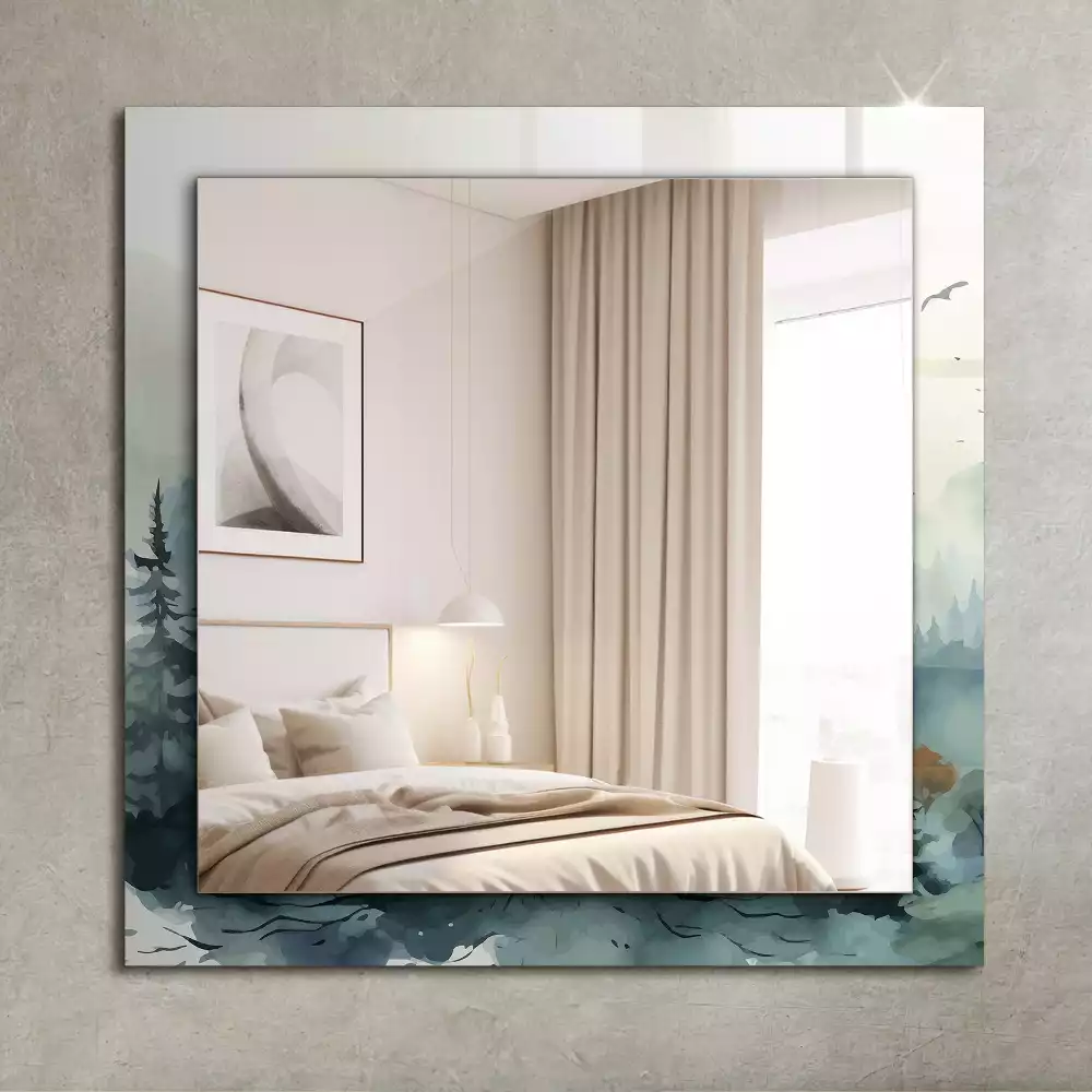 Négyszögletes díszes tükör Erdő a ködben