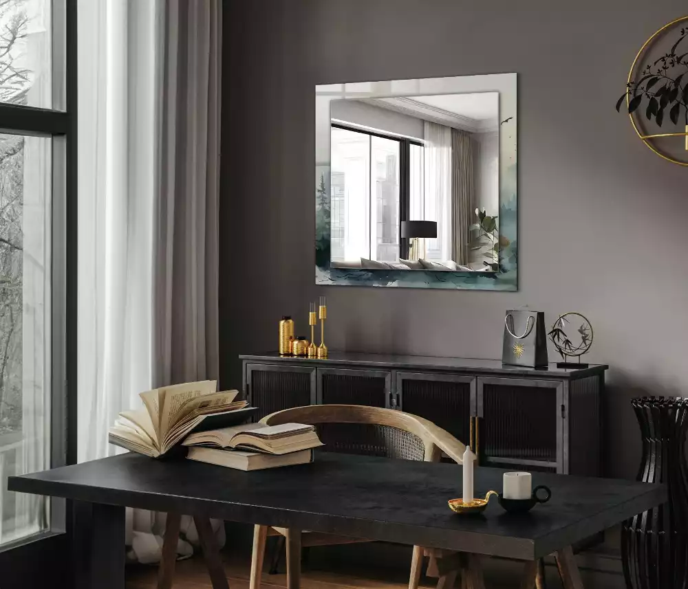 Négyszögletes díszes tükör Erdő a ködben