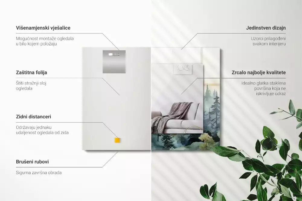 Négyszögletes díszes tükör Erdő a ködben