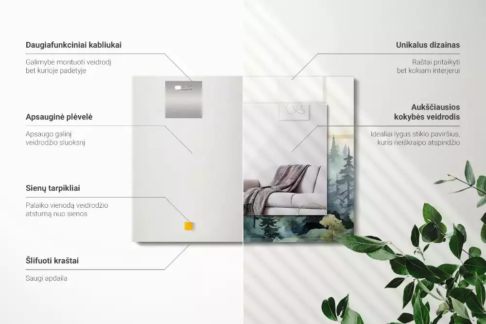 Négyszögletes díszes tükör Erdő a ködben