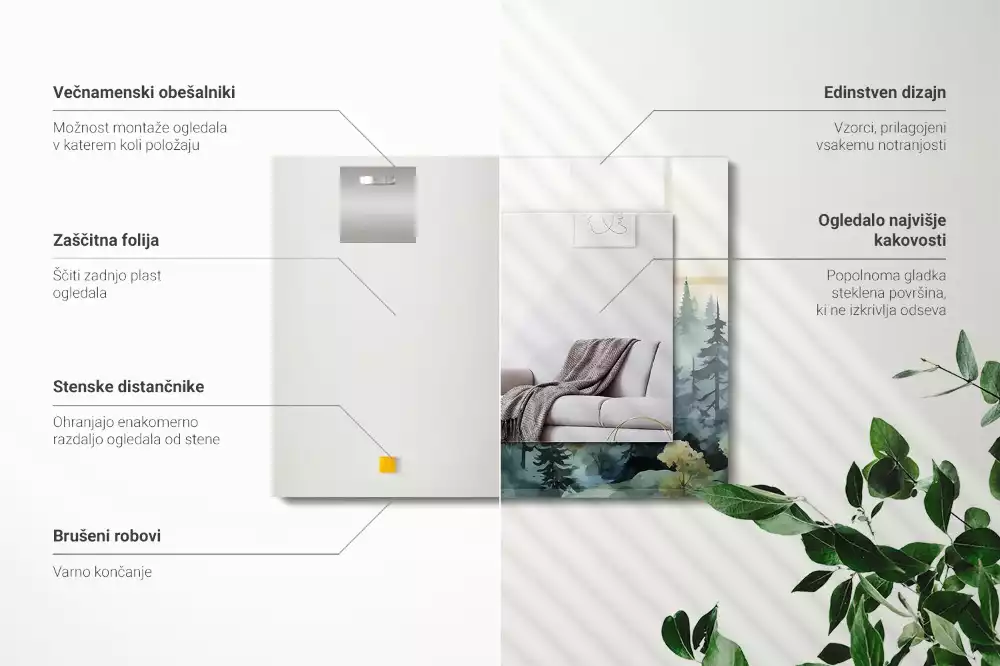 Négyszögletes díszes tükör Erdő a ködben