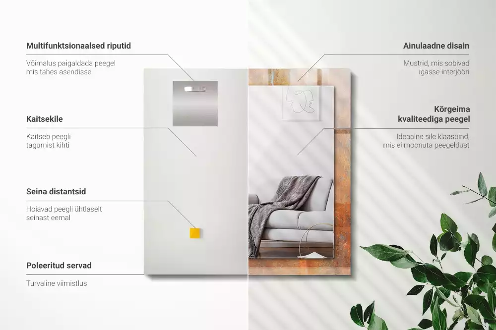 Négyszögletes díszes tükör Rozsdás fém felület