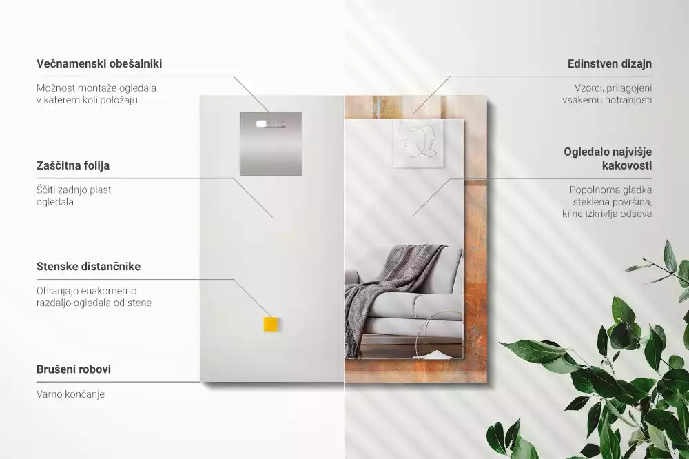 Négyszögletes díszes tükör Rozsdás fém felület