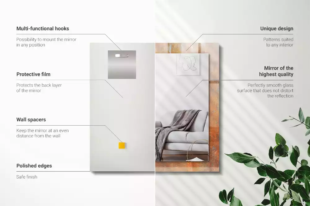 Négyszögletes díszes tükör Rozsdás fém felület