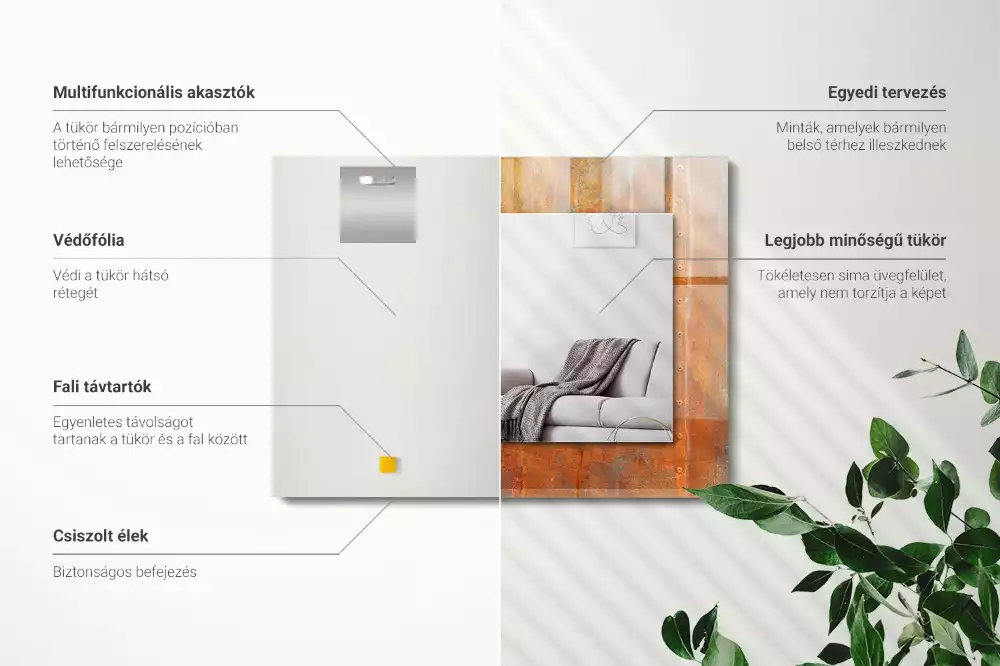 Négyszögletes díszes tükör Rozsdás fém felület