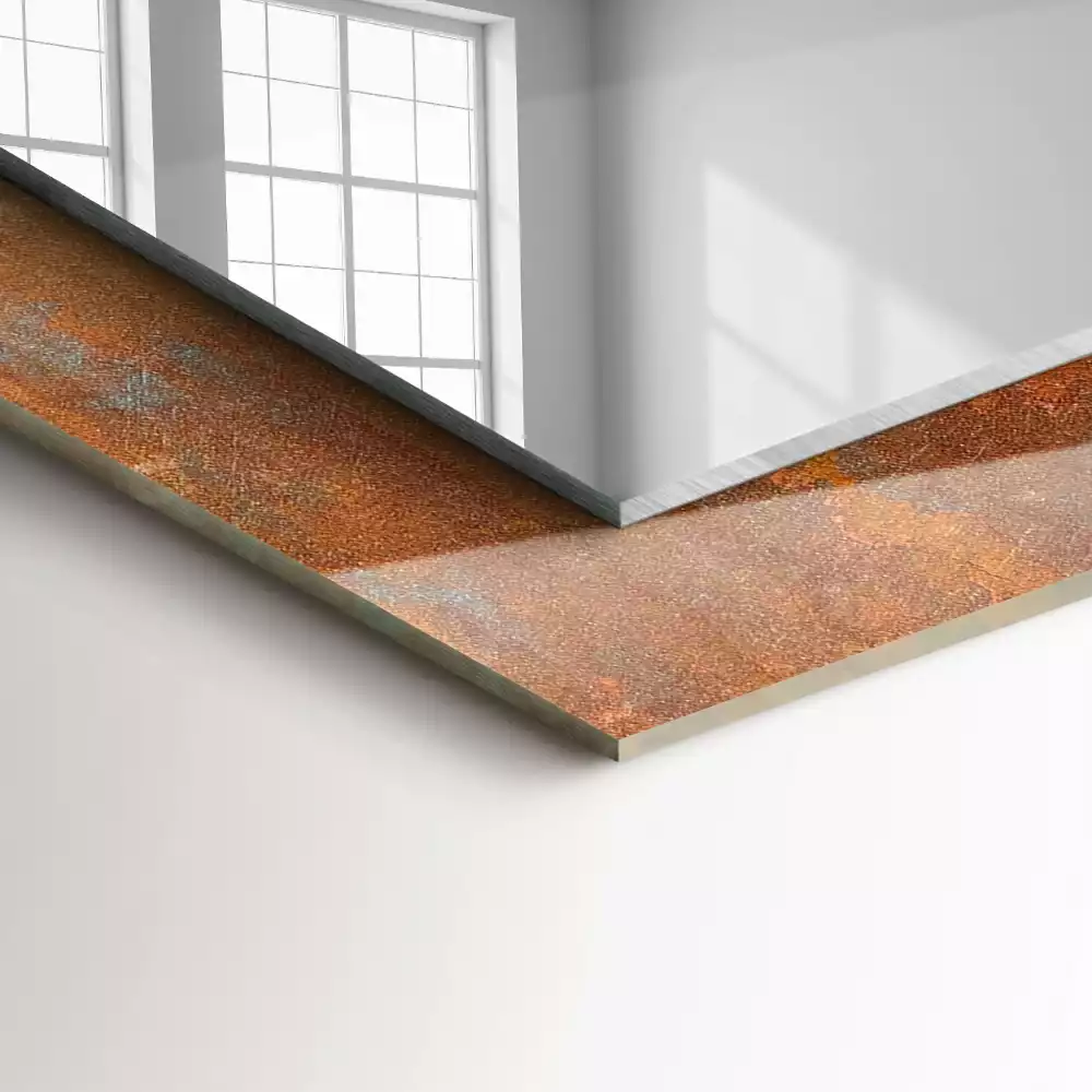 Négyszögletes díszes tükör Rozsdás fém felület