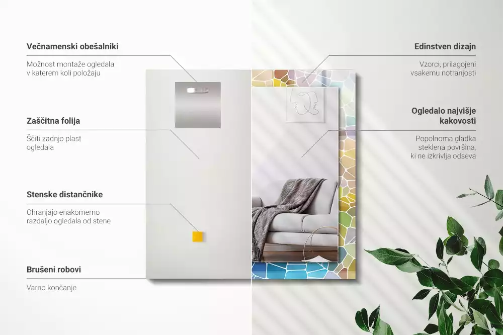 Négyszögletes díszes tükör Színes absztrakt mozaik