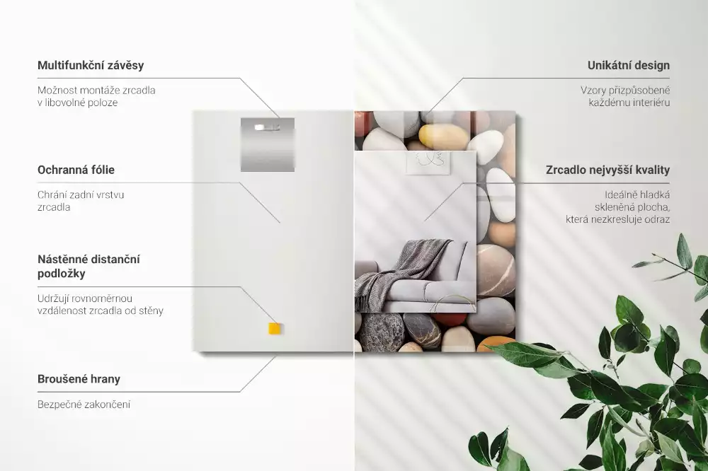 Négyszögletes díszes tükör Színes sima kövek