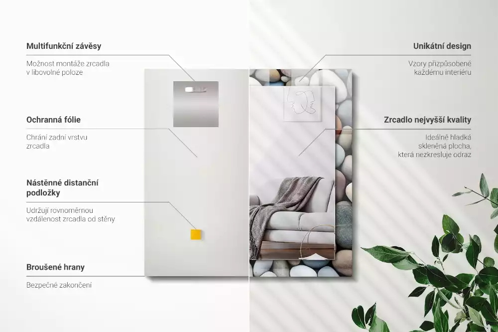 Négyszögletes díszes tükör Színes sima kövek