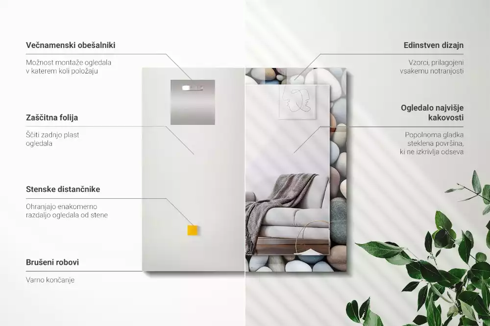 Négyszögletes díszes tükör Színes sima kövek