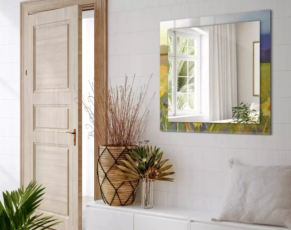 Négyszögletes díszes tükör Napraforgó mező