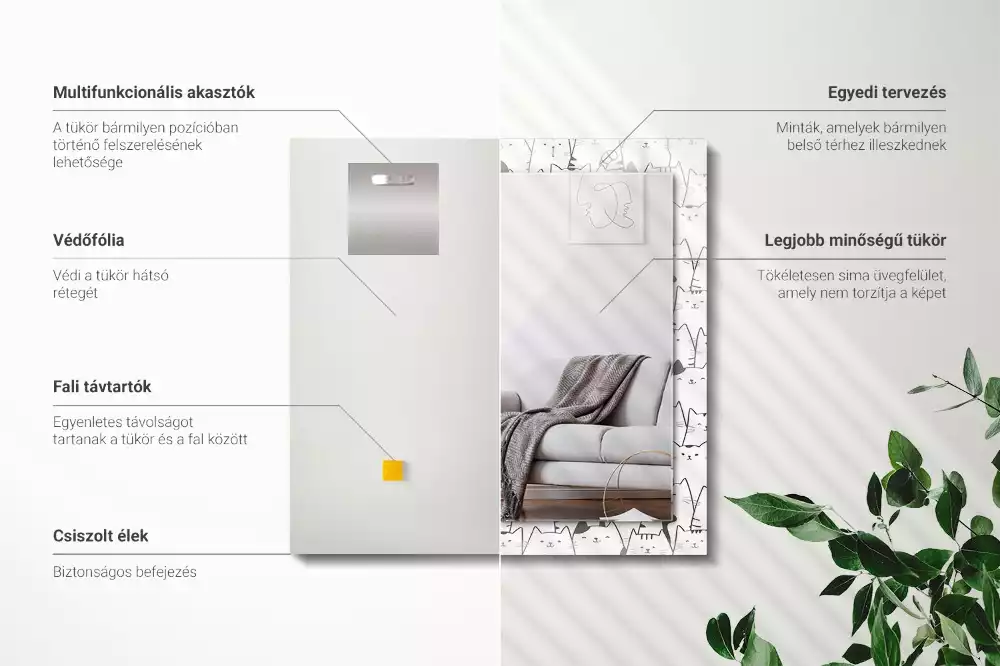 Négyszögletes díszes tükör boldog macskák