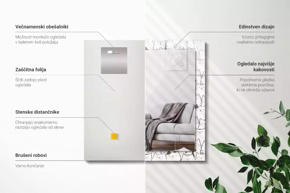 Négyszögletes díszes tükör boldog macskák