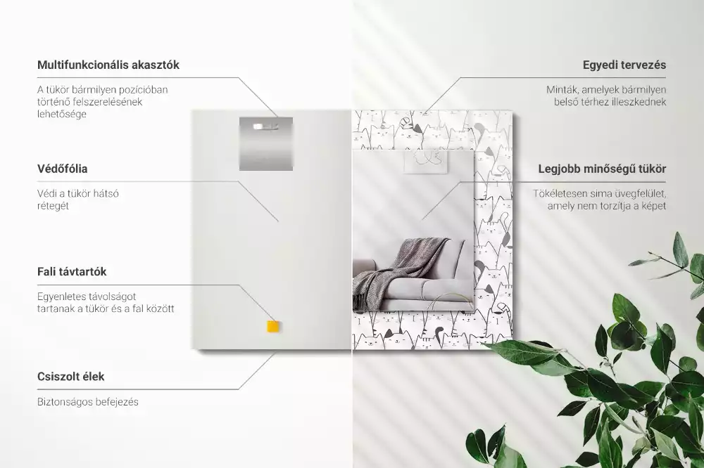 Négyszögletes díszes tükör boldog macskák