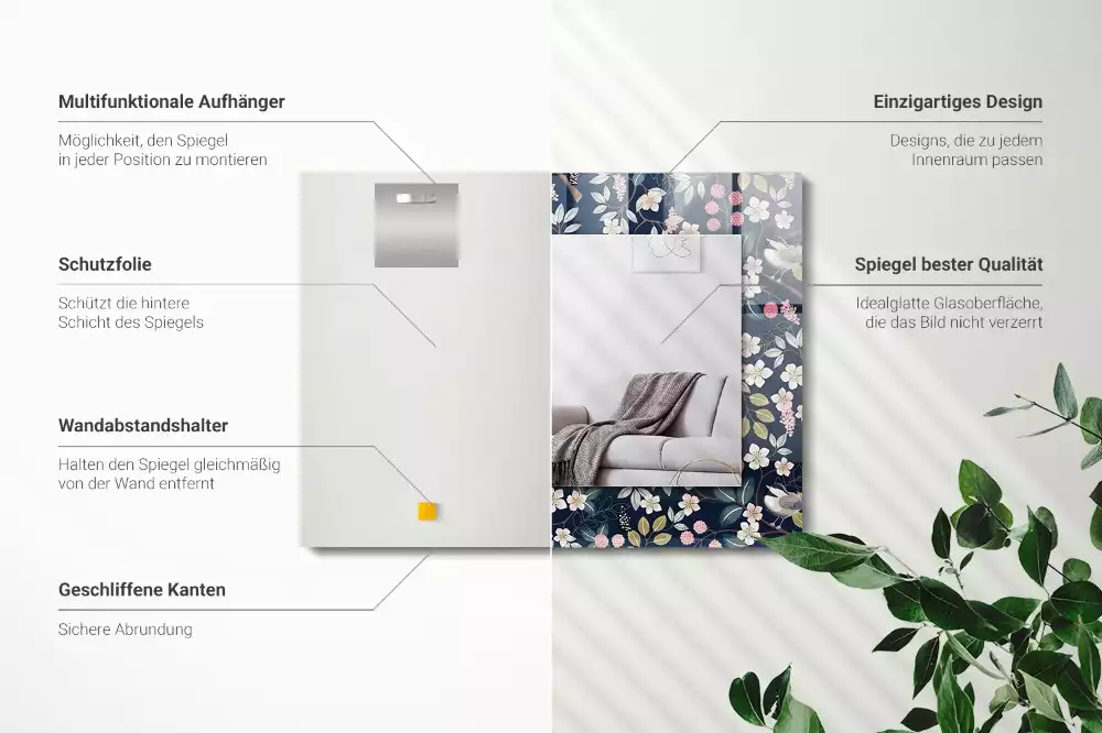 Négyszögletes díszes tükör Virágok levelek madarak