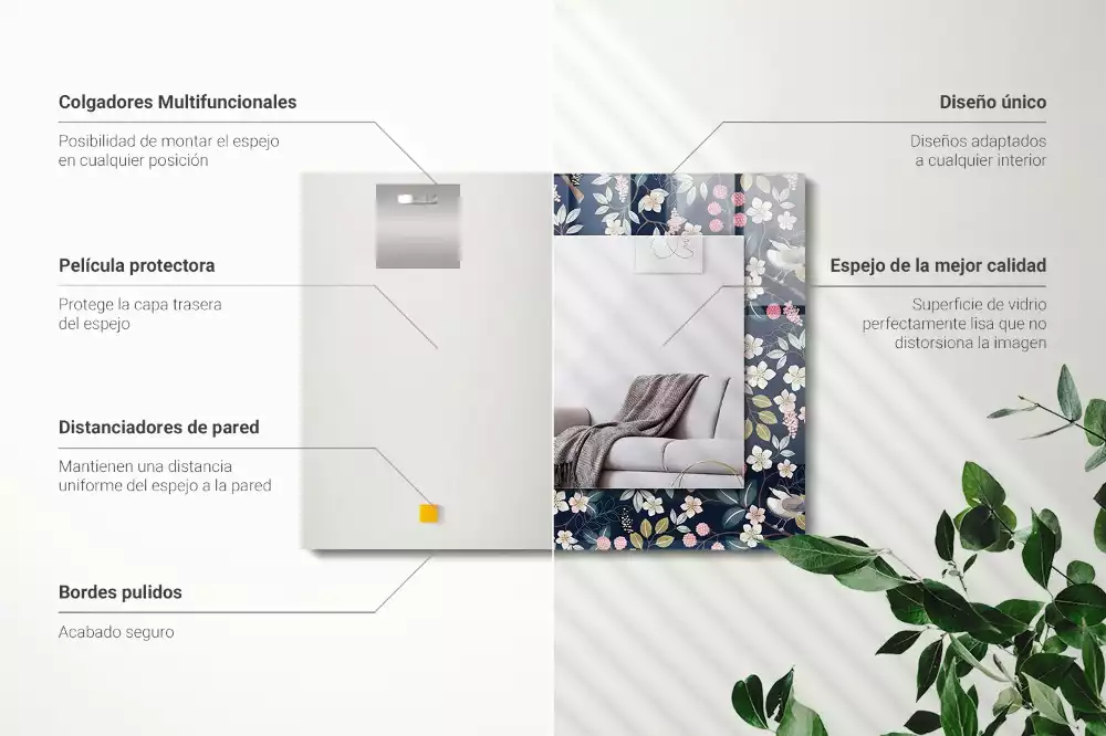 Négyszögletes díszes tükör Virágok levelek madarak