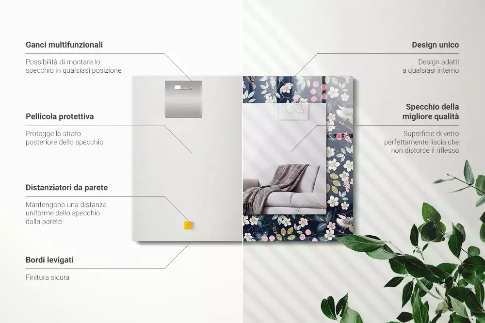 Négyszögletes díszes tükör Virágok levelek madarak