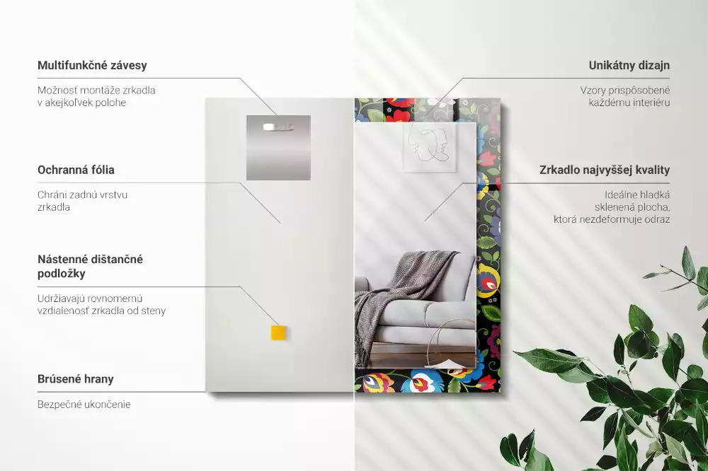 Négyszögletes díszes tükör Színes népi minták