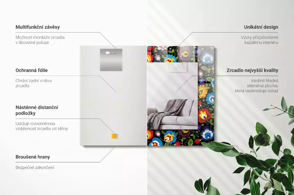 Négyszögletes díszes tükör Színes népi minták