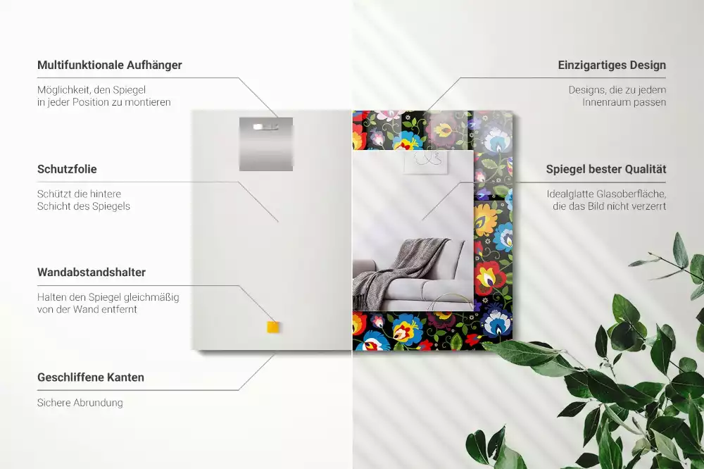 Négyszögletes díszes tükör Színes népi minták