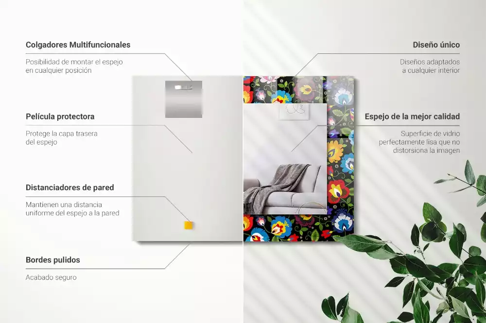 Négyszögletes díszes tükör Színes népi minták