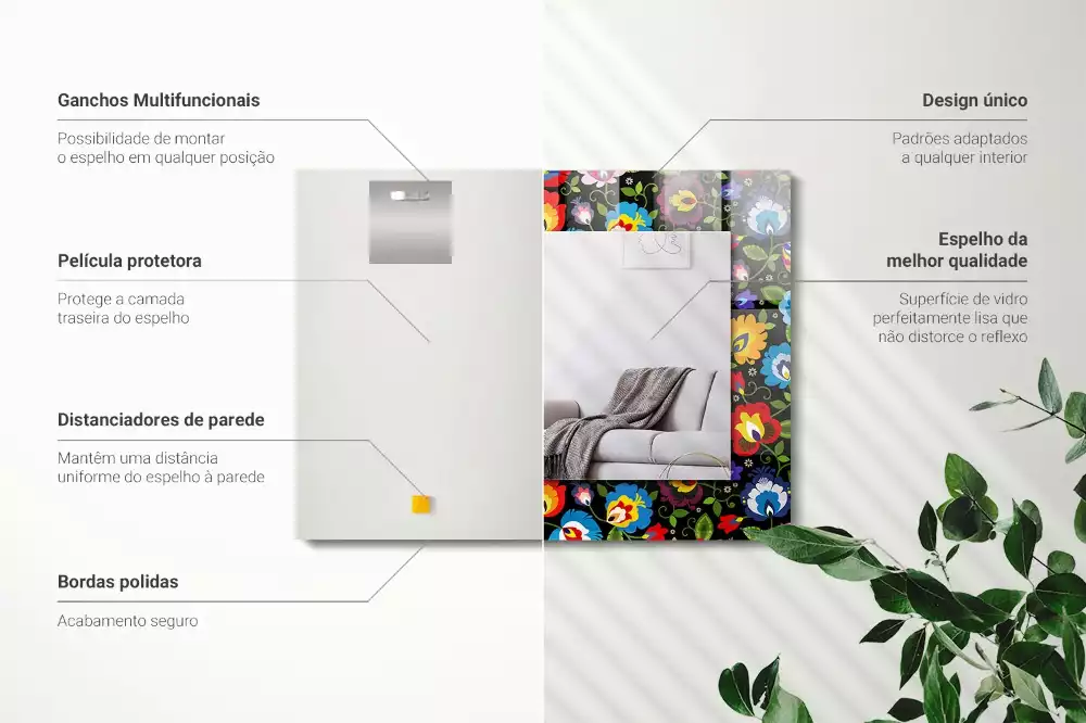 Négyszögletes díszes tükör Színes népi minták