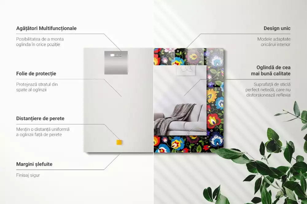 Négyszögletes díszes tükör Színes népi minták