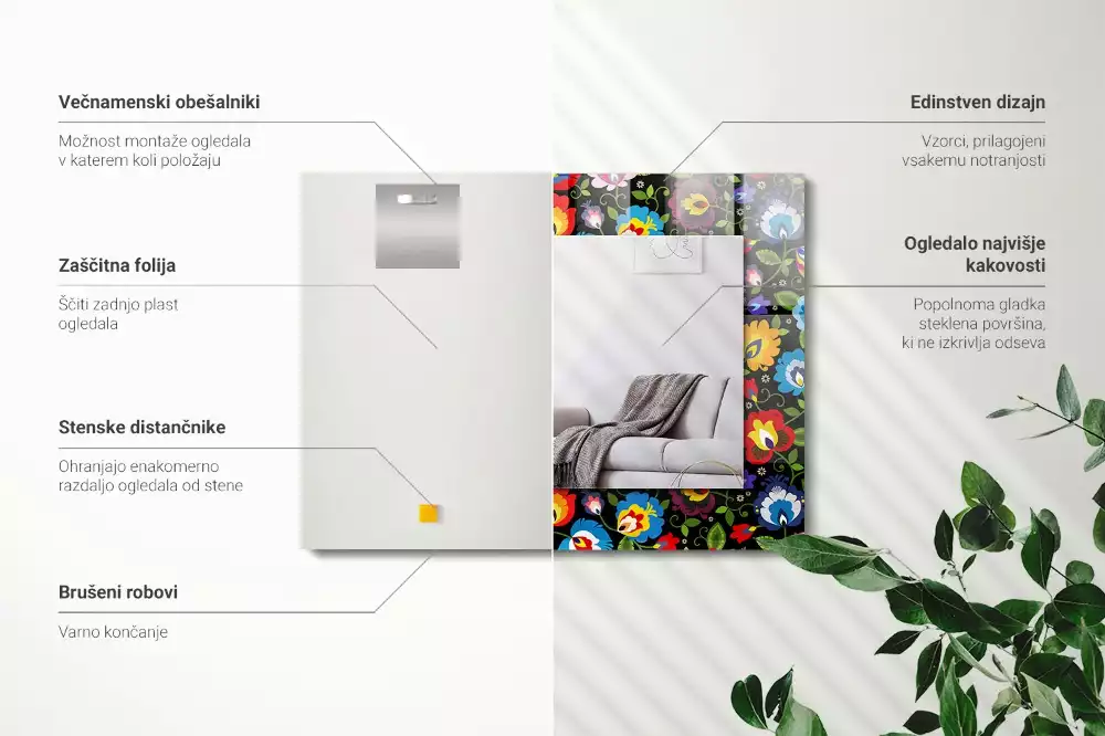 Négyszögletes díszes tükör Színes népi minták