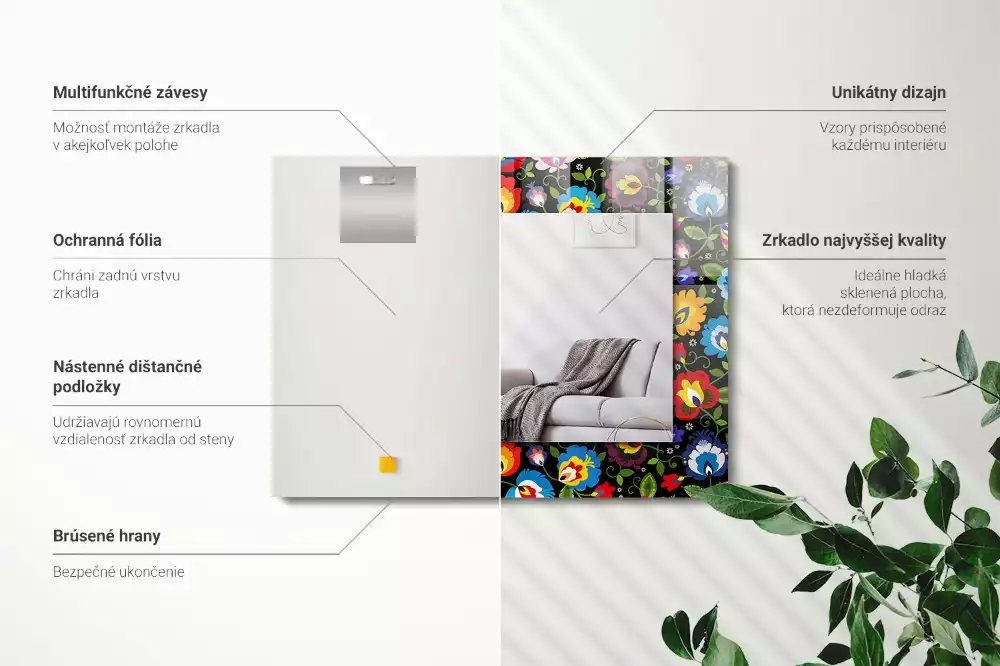 Négyszögletes díszes tükör Színes népi minták