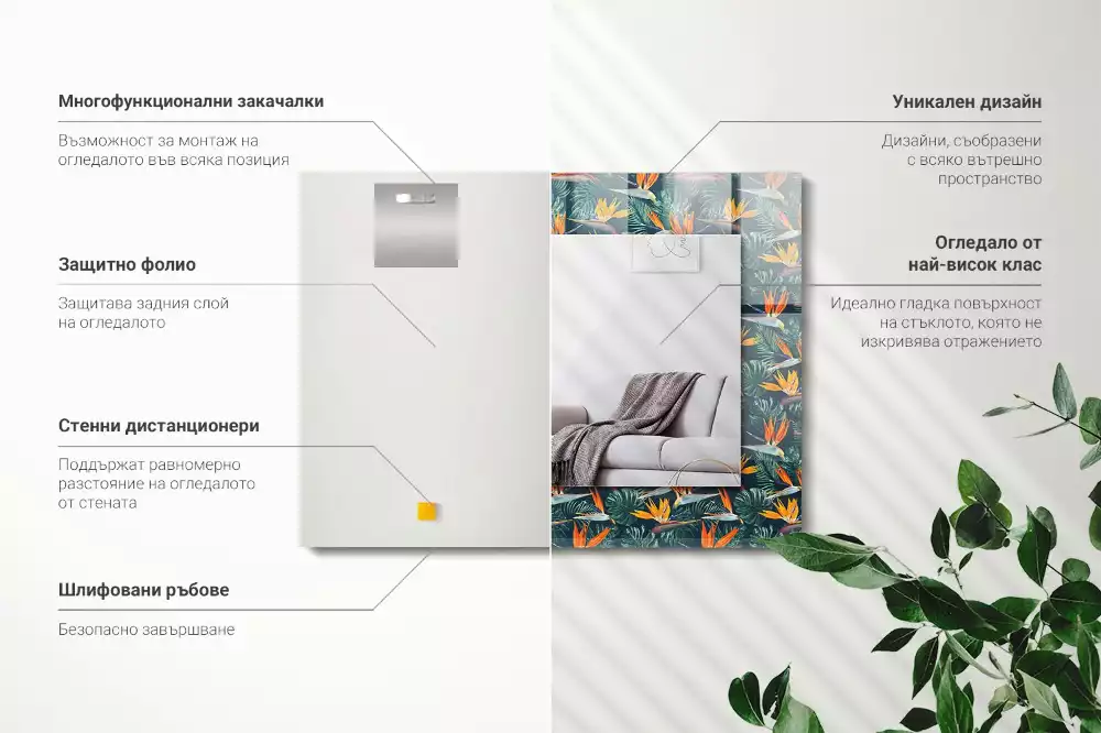 Négyszögletes díszes tükör Virágok és levelek