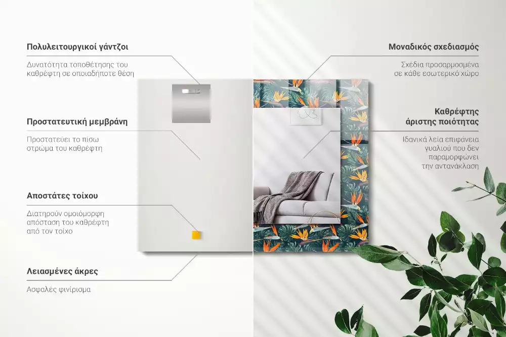 Négyszögletes díszes tükör Virágok és levelek