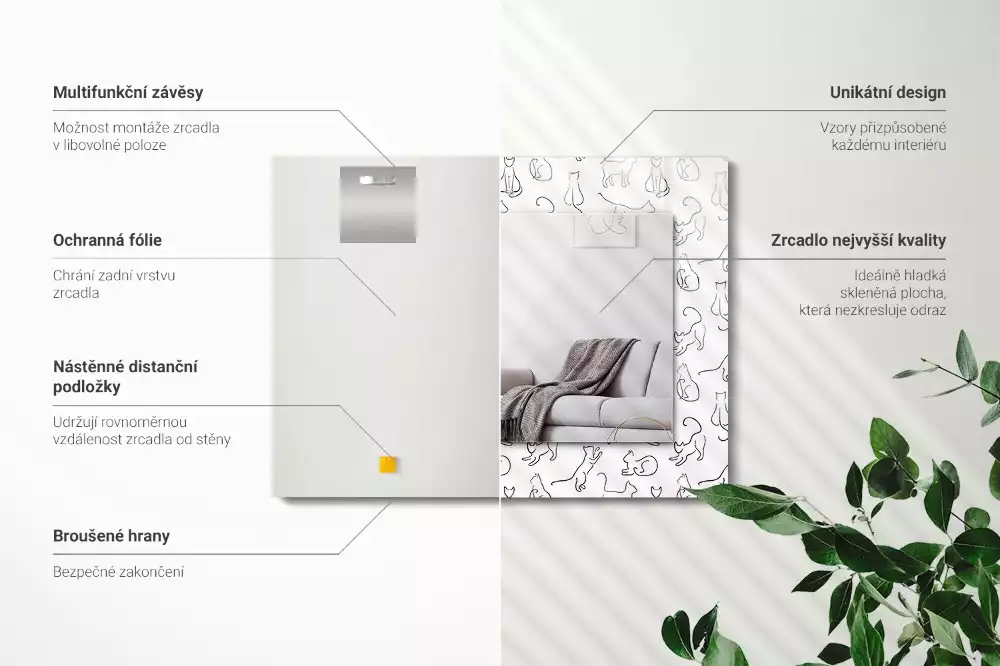 Négyszögletes díszes tükör Macskák körvonalai