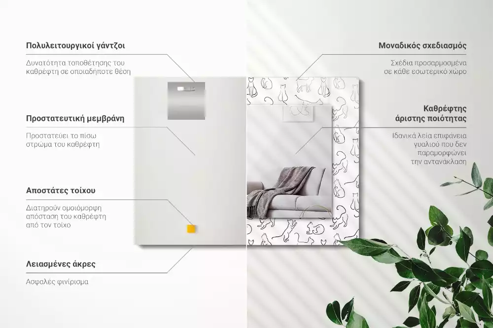 Négyszögletes díszes tükör Macskák körvonalai