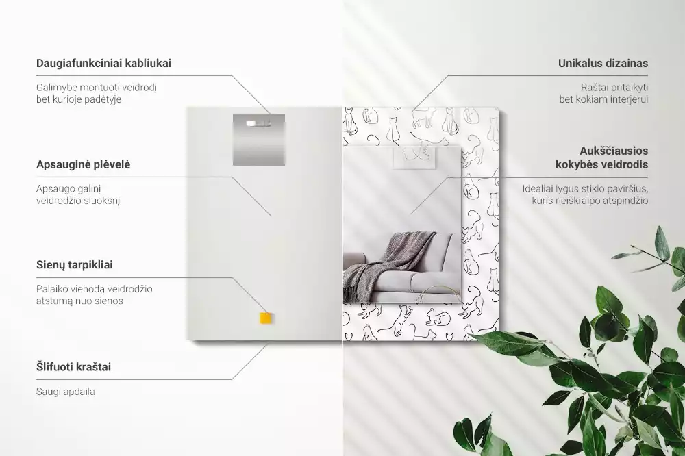 Négyszögletes díszes tükör Macskák körvonalai