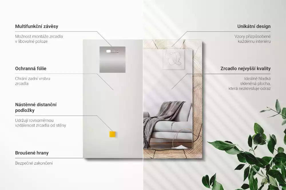 Négyszögletes díszes tükör Egy fatörzs keresztmetszete